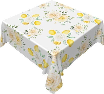 White Floral Yellow Lemon Tablecloth Square 48 Inch Summer Lemon White Rose Fabric Table Cloth Polyester Wrinkle Resistance Washable Table Cover for Garden Party Picnic Dining Room Decor
