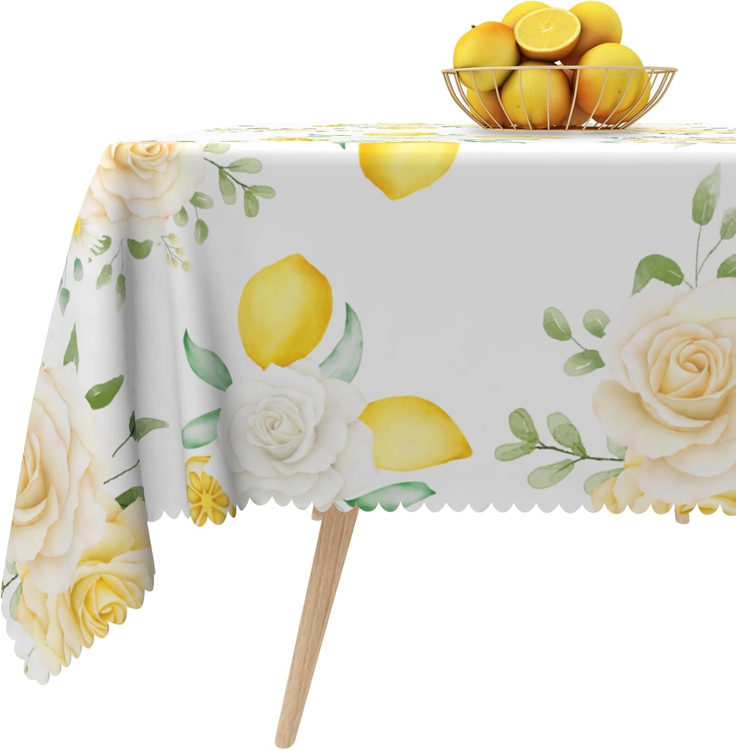 White Floral Yellow Lemon Tablecloth Square 48 Inch Summer Lemon White Rose Fabric Table Cloth Polyester Wrinkle Resistance Washable Table Cover for Garden Party Picnic Dining Room Decor