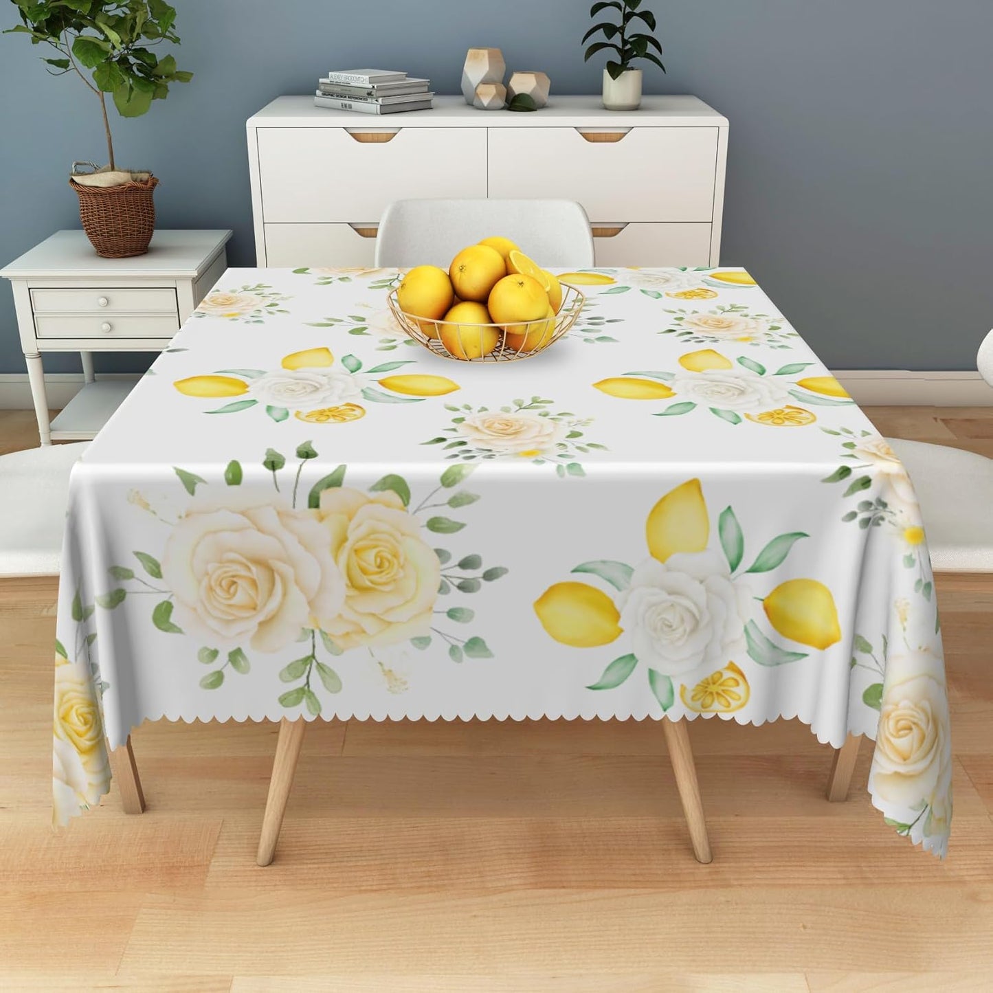White Floral Yellow Lemon Tablecloth Square 48 Inch Summer Lemon White Rose Fabric Table Cloth Polyester Wrinkle Resistance Washable Table Cover for Garden Party Picnic Dining Room Decor