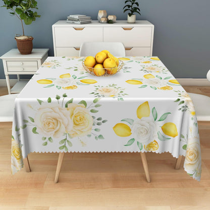 White Floral Yellow Lemon Tablecloth Square 48 Inch Summer Lemon White Rose Fabric Table Cloth Polyester Wrinkle Resistance Washable Table Cover for Garden Party Picnic Dining Room Decor