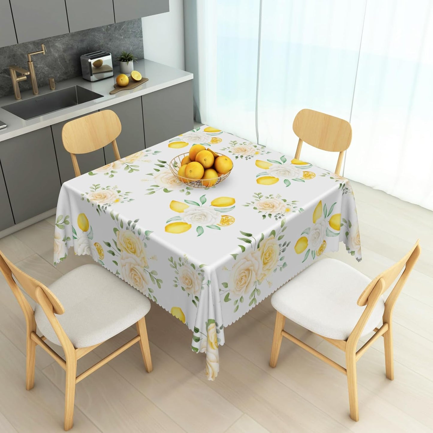 White Floral Yellow Lemon Tablecloth Square 48 Inch Summer Lemon White Rose Fabric Table Cloth Polyester Wrinkle Resistance Washable Table Cover for Garden Party Picnic Dining Room Decor