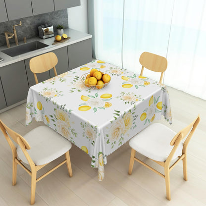 White Floral Yellow Lemon Tablecloth Square 48 Inch Summer Lemon White Rose Fabric Table Cloth Polyester Wrinkle Resistance Washable Table Cover for Garden Party Picnic Dining Room Decor