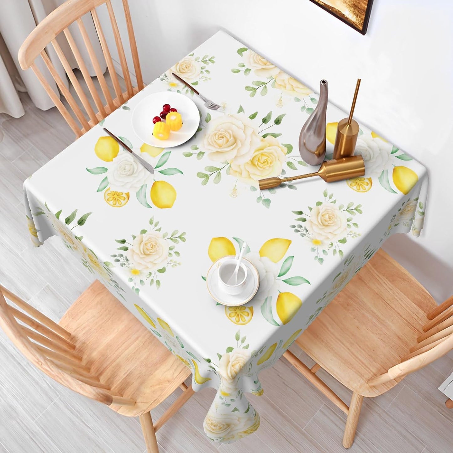 White Floral Yellow Lemon Tablecloth Square 48 Inch Summer Lemon White Rose Fabric Table Cloth Polyester Wrinkle Resistance Washable Table Cover for Garden Party Picnic Dining Room Decor