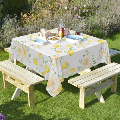 White Floral Yellow Lemon Tablecloth Square 48 Inch Summer Lemon White Rose Fabric Table Cloth Polyester Wrinkle Resistance Washable Table Cover for Garden Party Picnic Dining Room Decor