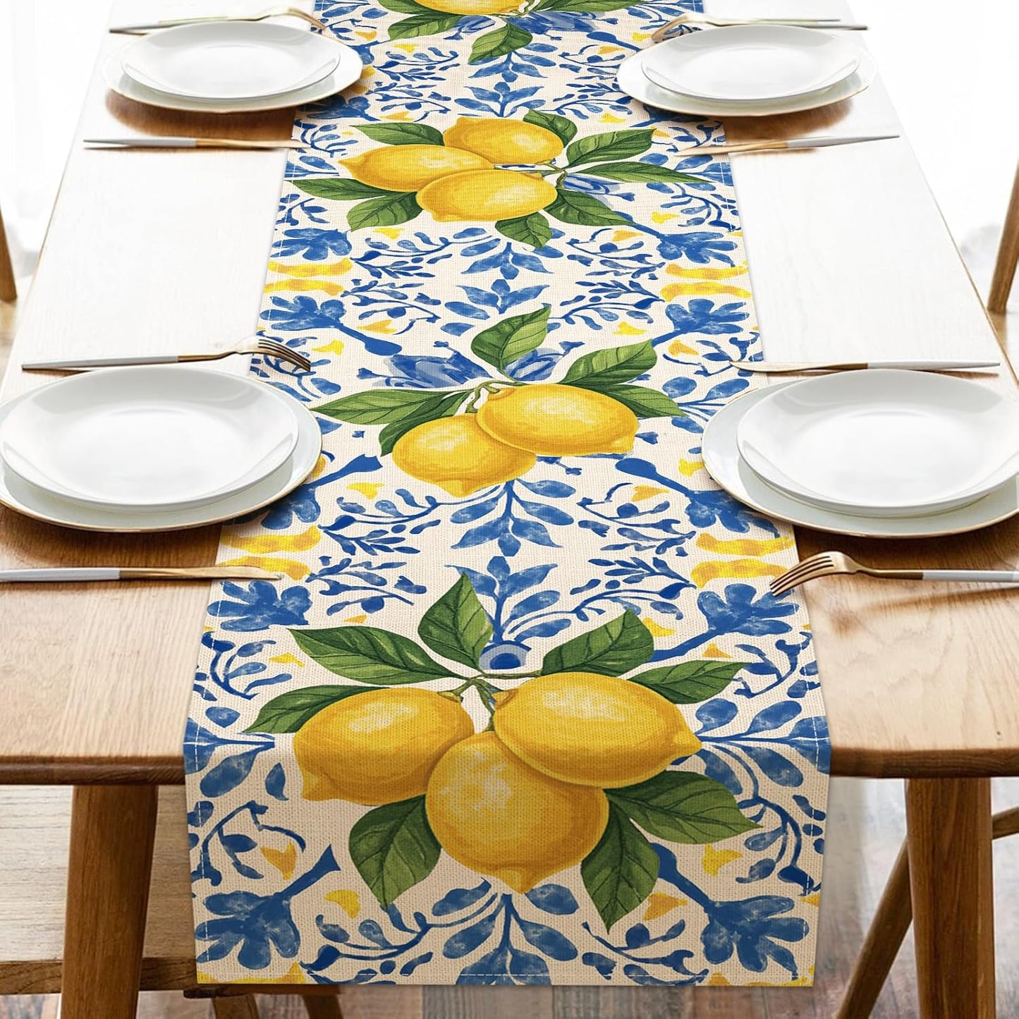 Italian Capri Blue Lemon Dining Table Runner, Amalfi Coast Citrus Italy Tile Pattern Burlap Kitchen Decoration, Summer Mediterranean Indoor Outdoor Home Decor Party Supply 13 x 72 Inches