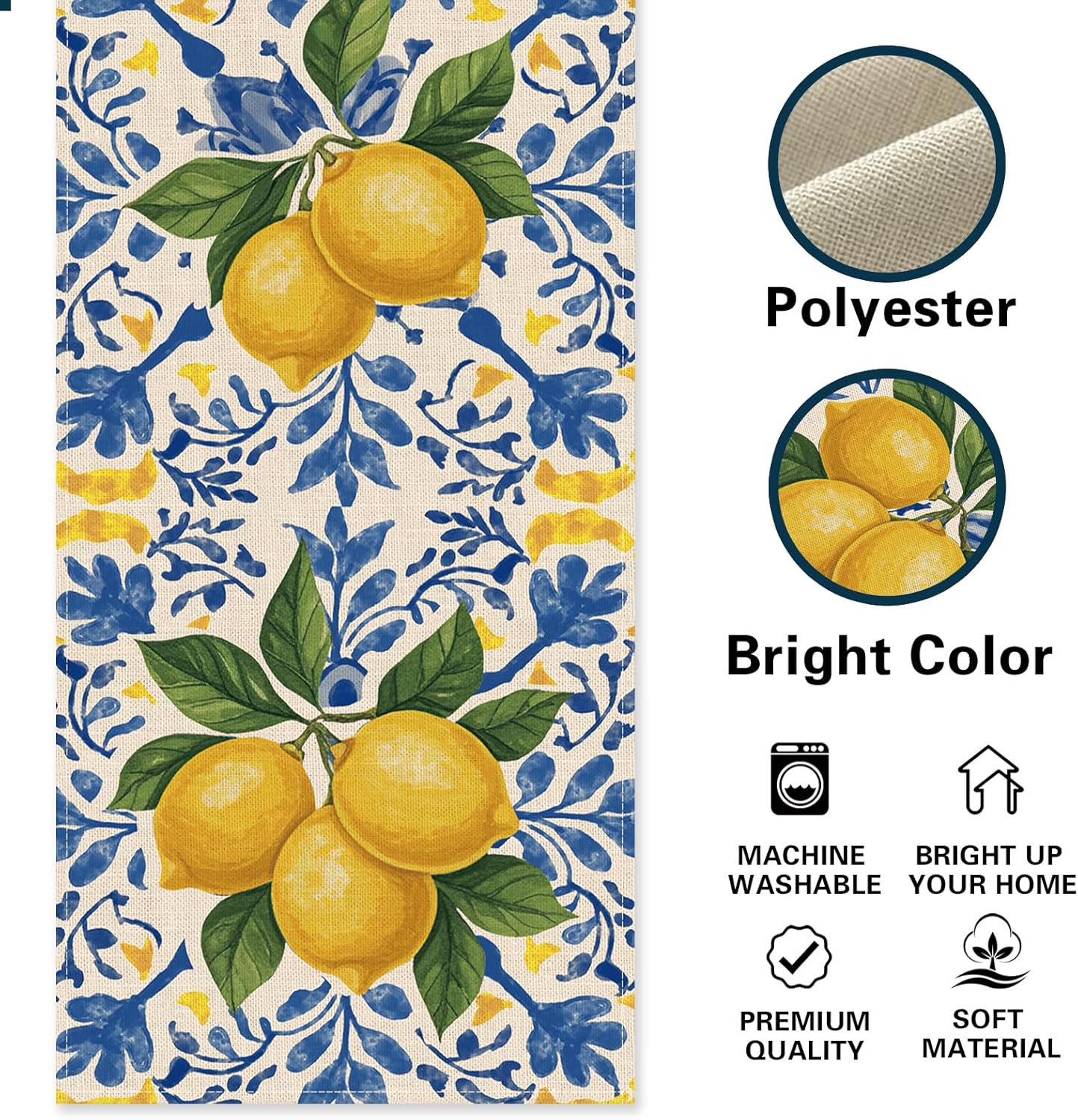 Italian Capri Blue Lemon Dining Table Runner, Amalfi Coast Citrus Italy Tile Pattern Burlap Kitchen Decoration, Summer Mediterranean Indoor Outdoor Home Decor Party Supply 13 x 72 Inches