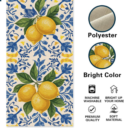 Italian Capri Blue Lemon Dining Table Runner, Amalfi Coast Citrus Italy Tile Pattern Burlap Kitchen Decoration, Summer Mediterranean Indoor Outdoor Home Decor Party Supply 13 x 72 Inches