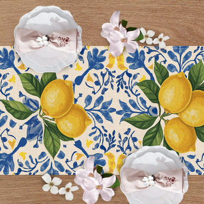 Italian Capri Blue Lemon Dining Table Runner, Amalfi Coast Citrus Italy Tile Pattern Burlap Kitchen Decoration, Summer Mediterranean Indoor Outdoor Home Decor Party Supply 13 x 72 Inches
