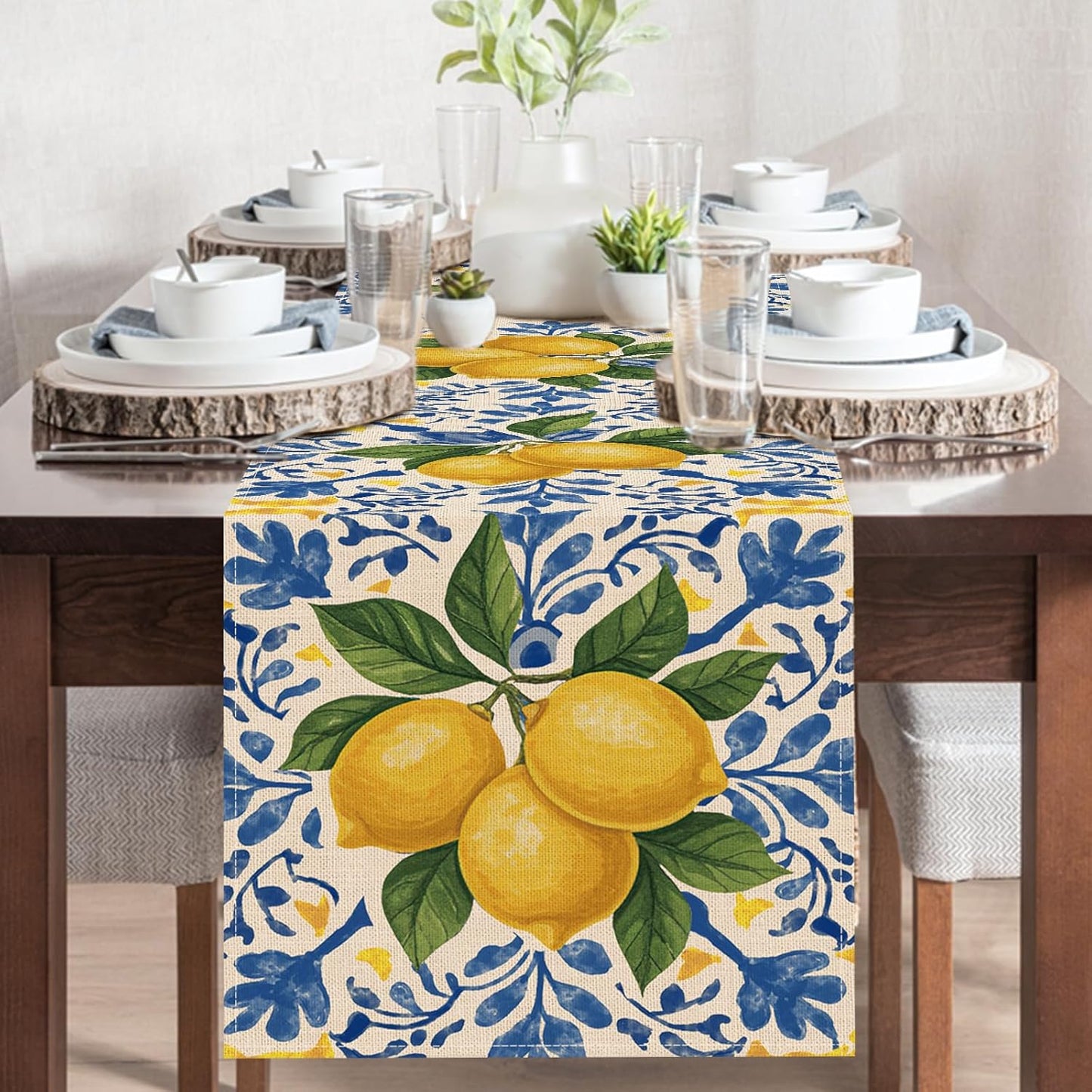 Italian Capri Blue Lemon Dining Table Runner, Amalfi Coast Citrus Italy Tile Pattern Burlap Kitchen Decoration, Summer Mediterranean Indoor Outdoor Home Decor Party Supply 13 x 72 Inches