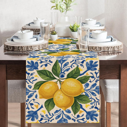 Italian Capri Blue Lemon Dining Table Runner, Amalfi Coast Citrus Italy Tile Pattern Burlap Kitchen Decoration, Summer Mediterranean Indoor Outdoor Home Decor Party Supply 13 x 72 Inches