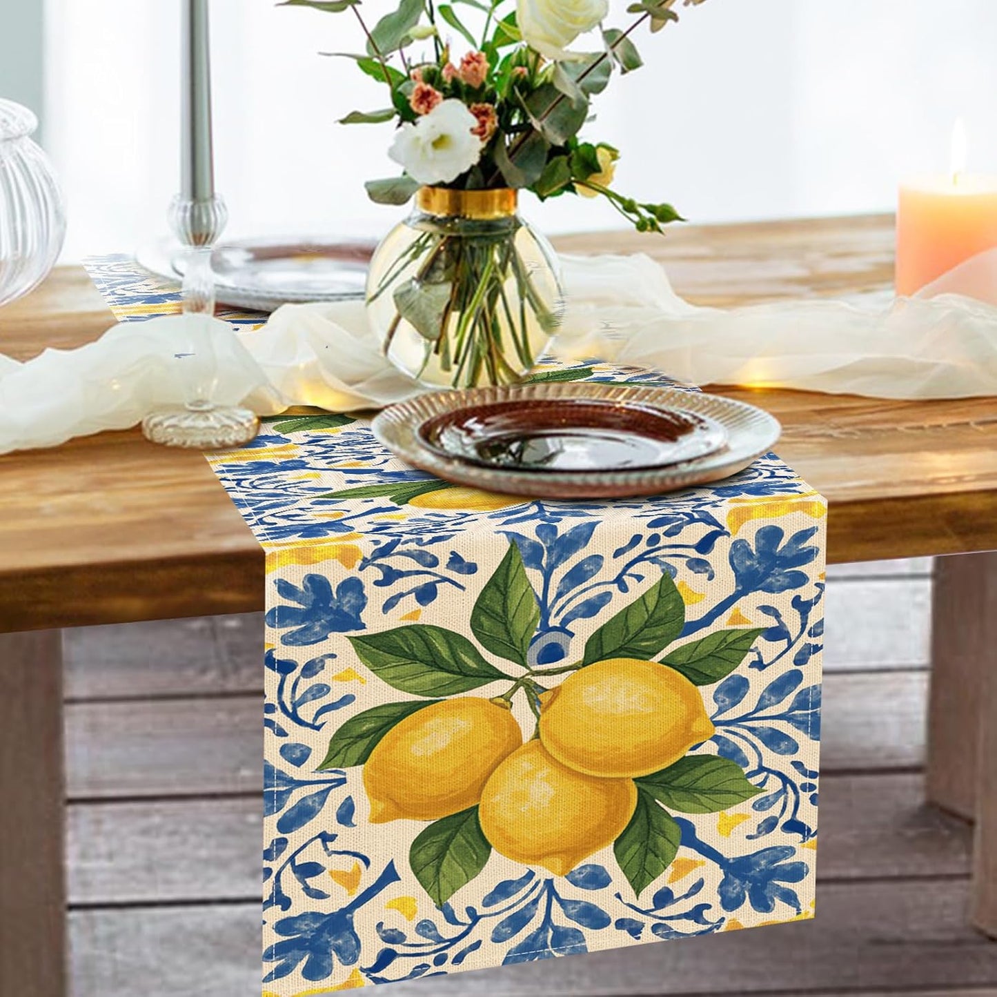 Italian Capri Blue Lemon Dining Table Runner, Amalfi Coast Citrus Italy Tile Pattern Burlap Kitchen Decoration, Summer Mediterranean Indoor Outdoor Home Decor Party Supply 13 x 72 Inches