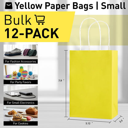 12-Pack Yellow Gift Bags with Handles, 8 Inch Recyclable Paper Goodie Bags for Party Favors, Easter, Birthdays, Baby Showers