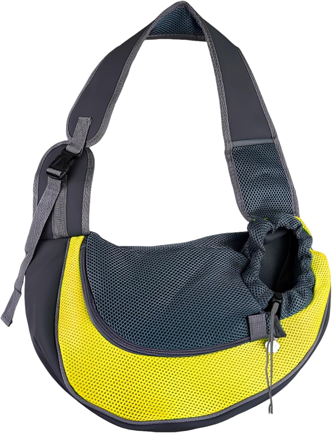 Yellow Mesh Pet Sling Carrier for Cats and Small Dogs, Breathable Polyester Handsfree Crossbody Pouch with Safety Buckle, Drawstring Closure, Portable Outdoor Travel Bag, 13 x 9.1 in