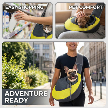 Yellow Mesh Pet Sling Carrier for Cats and Small Dogs, Breathable Polyester Handsfree Crossbody Pouch with Safety Buckle, Drawstring Closure, Portable Outdoor Travel Bag, 13 x 9.1 in