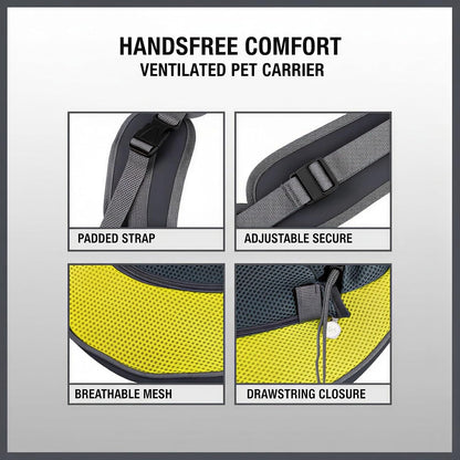 Yellow Mesh Pet Sling Carrier for Cats and Small Dogs, Breathable Polyester Handsfree Crossbody Pouch with Safety Buckle, Drawstring Closure, Portable Outdoor Travel Bag, 13 x 9.1 in