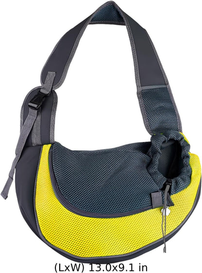 Yellow Mesh Pet Sling Carrier for Cats and Small Dogs, Breathable Polyester Handsfree Crossbody Pouch with Safety Buckle, Drawstring Closure, Portable Outdoor Travel Bag, 13 x 9.1 in