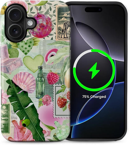 Case Compatible with iPhone 16 [Compatible with MagSafe] Hybrid 2-Layer Hard Shell Protection Case, Shockproof Protective Magnetic Cover, Pink Green Lemon Raspberry Collage
