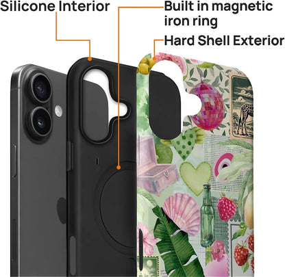 Case Compatible with iPhone 16 [Compatible with MagSafe] Hybrid 2-Layer Hard Shell Protection Case, Shockproof Protective Magnetic Cover, Pink Green Lemon Raspberry Collage