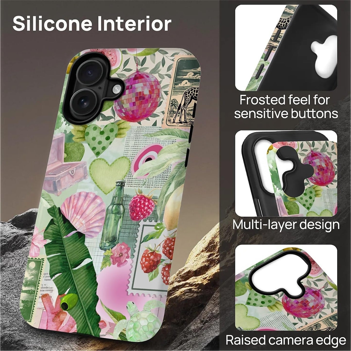 Case Compatible with iPhone 16 [Compatible with MagSafe] Hybrid 2-Layer Hard Shell Protection Case, Shockproof Protective Magnetic Cover, Pink Green Lemon Raspberry Collage