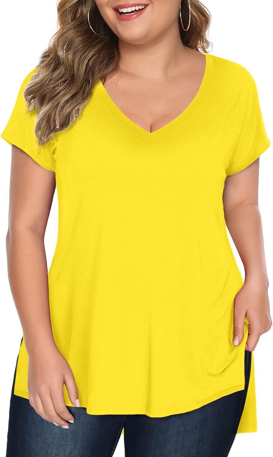 Women Plus Size Tops Long/Short Sleeve V Neck T Shirts Casual Loose Fit Basic Tee Tshirt