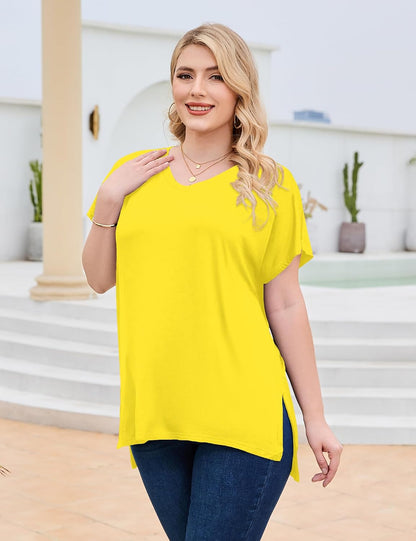 Women Plus Size Tops Long/Short Sleeve V Neck T Shirts Casual Loose Fit Basic Tee Tshirt