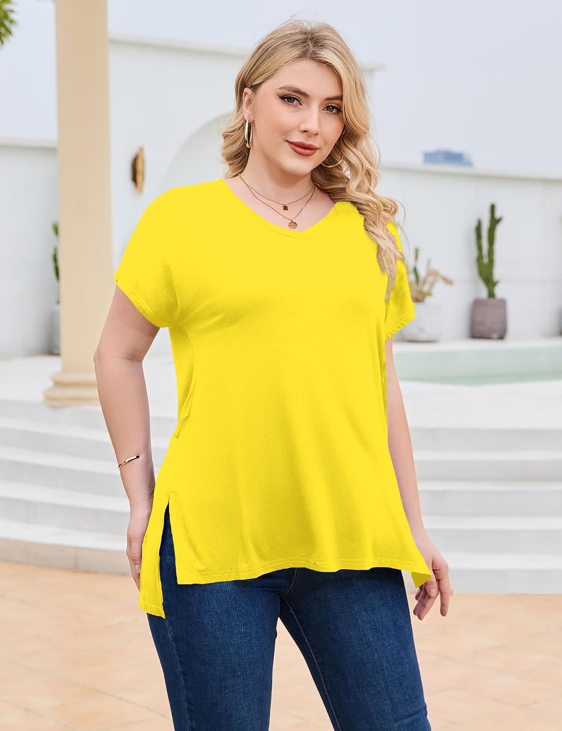 Women Plus Size Tops Long/Short Sleeve V Neck T Shirts Casual Loose Fit Basic Tee Tshirt