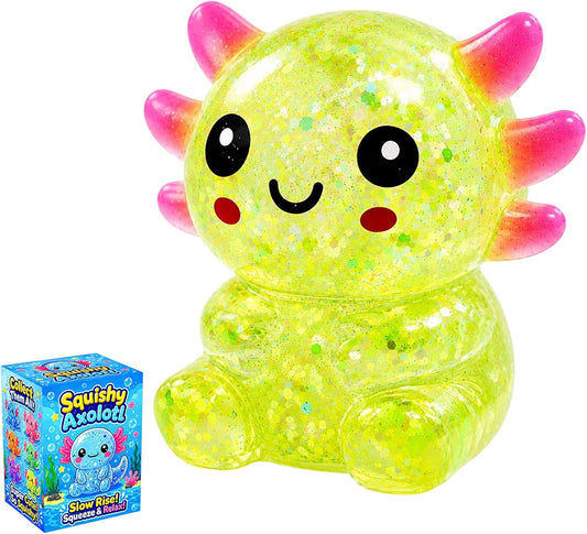 Axolotl Squishy Glitter Stress Toy, Soft Squeeze Sensory Toy (Yellow) | Axolotl Squishy Stress Ball Anxiety Calming Desk Toy Party Favor Handheld Fidget