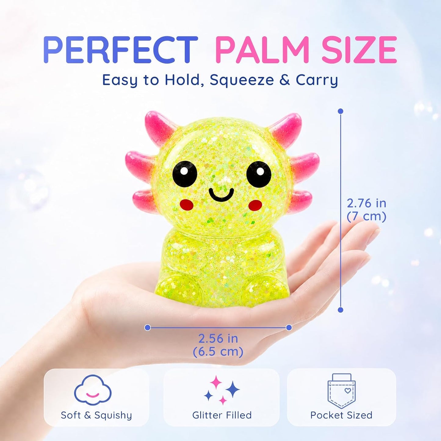 Axolotl Squishy Glitter Stress Toy, Soft Squeeze Sensory Toy (Yellow) | Axolotl Squishy Stress Ball Anxiety Calming Desk Toy Party Favor Handheld Fidget