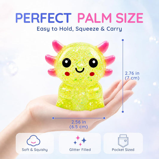 Axolotl Squishy Glitter Stress Toy, Soft Squeeze Sensory Toy (Yellow) | Axolotl Squishy Stress Ball Anxiety Calming Desk Toy Party Favor Handheld Fidget