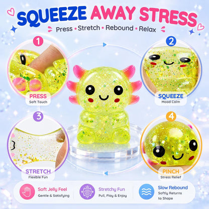 Axolotl Squishy Glitter Stress Toy, Soft Squeeze Sensory Toy (Yellow) | Axolotl Squishy Stress Ball Anxiety Calming Desk Toy Party Favor Handheld Fidget