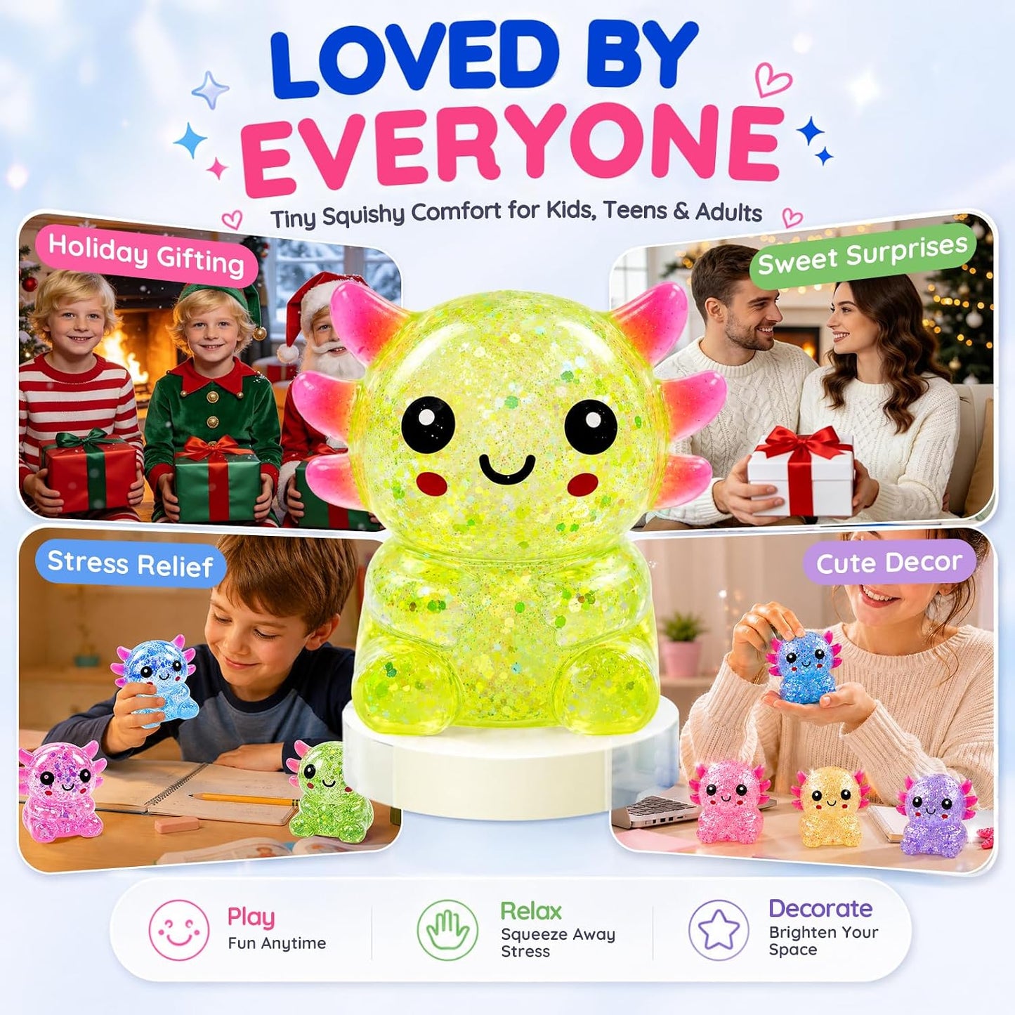 Axolotl Squishy Glitter Stress Toy, Soft Squeeze Sensory Toy (Yellow) | Axolotl Squishy Stress Ball Anxiety Calming Desk Toy Party Favor Handheld Fidget