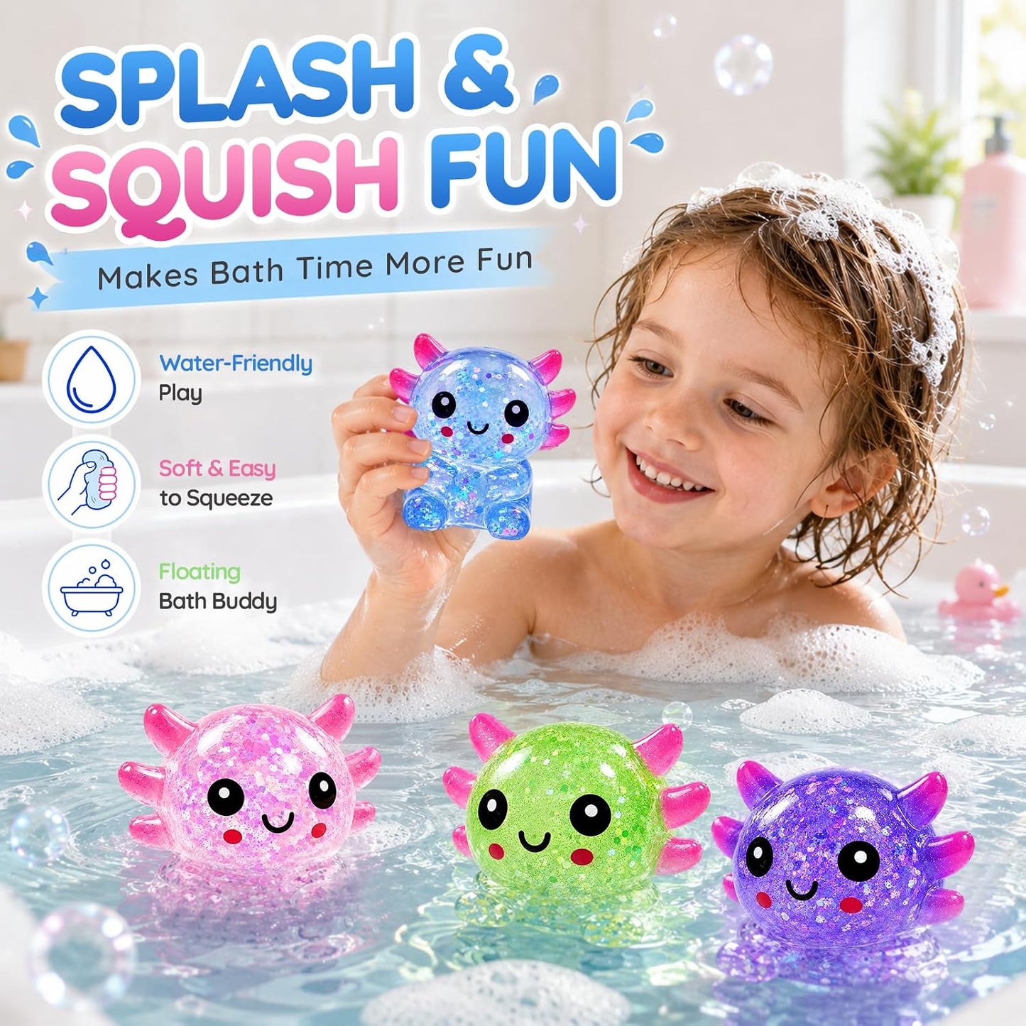 Axolotl Squishy Glitter Stress Toy, Soft Squeeze Sensory Toy (Yellow) | Axolotl Squishy Stress Ball Anxiety Calming Desk Toy Party Favor Handheld Fidget