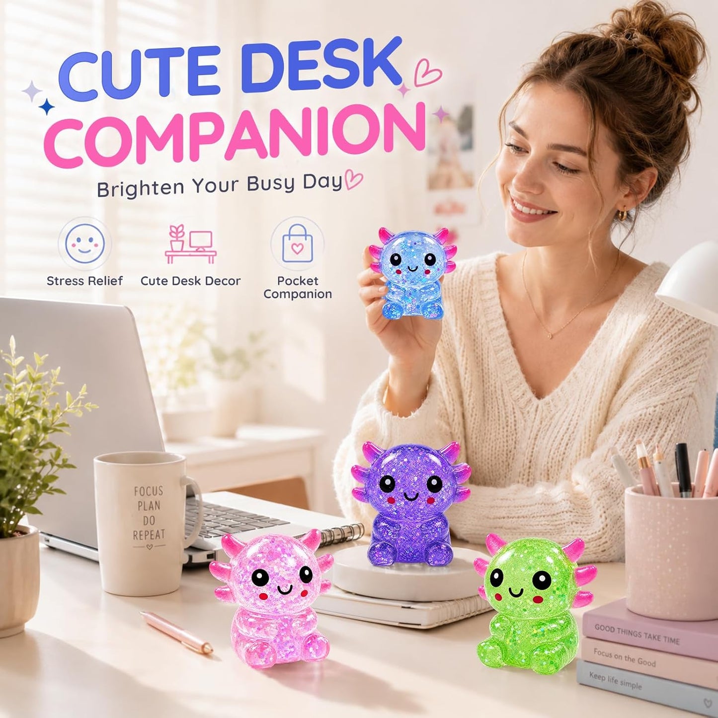 Axolotl Squishy Glitter Stress Toy, Soft Squeeze Sensory Toy (Yellow) | Axolotl Squishy Stress Ball Anxiety Calming Desk Toy Party Favor Handheld Fidget