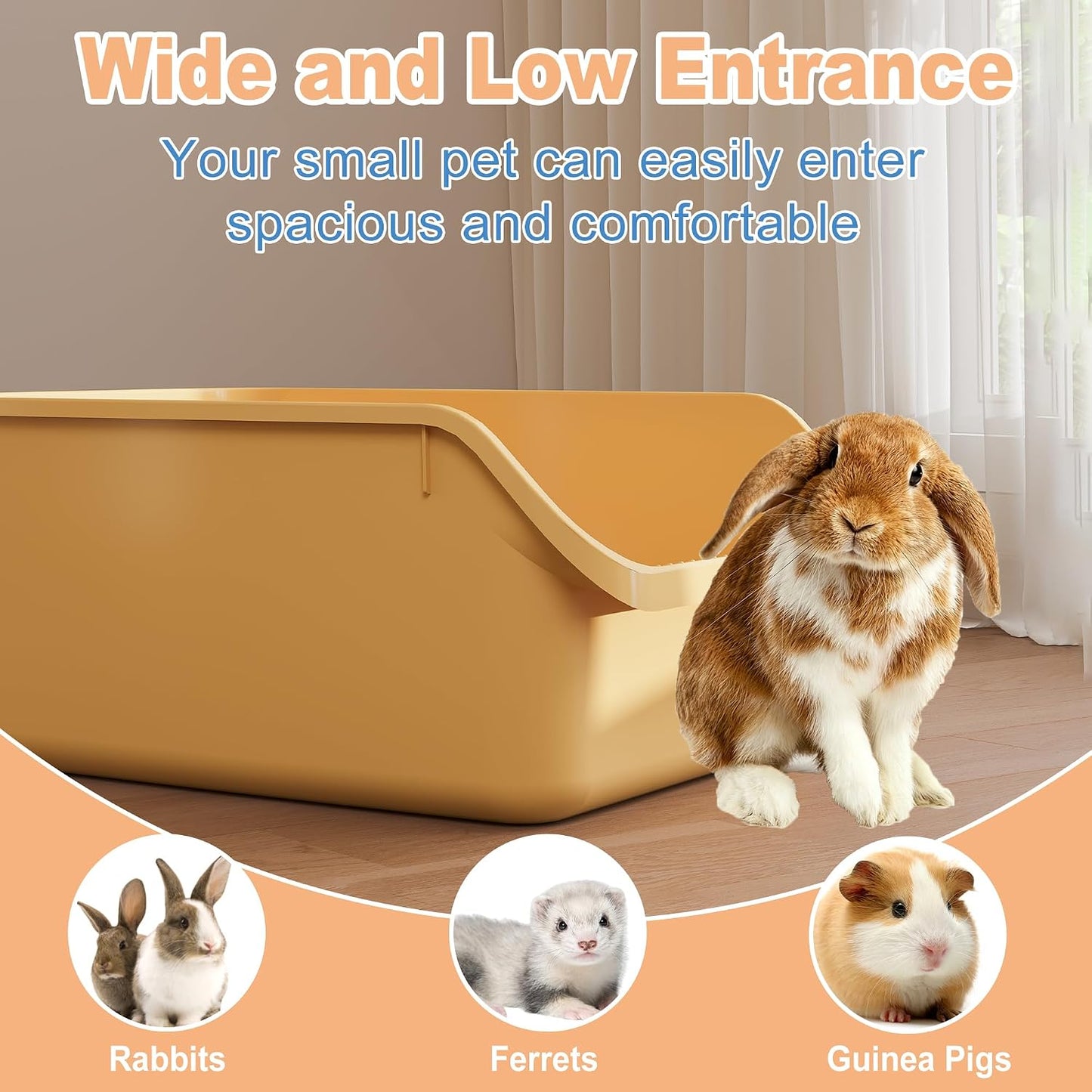 Rabbit Litter Box with Low Entry, High Back Splash Guard for Guinea Pigs, Hamsters, Hedgehogs, Chinchillas & Small Animals, Easy Clean Potty Training Pan for Cage (Yellow)
