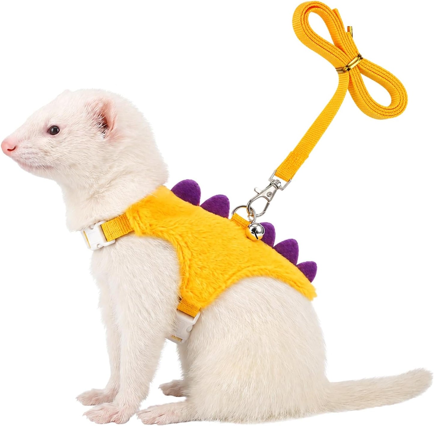 Ferret Harness and Leash Set, Yellow Adjustable Vest for Ferret | Dinosaur Shaped Leash with Safe Bell, Small Animals Vest Harness for Hedgehog, Guinea Pig, Rabbi