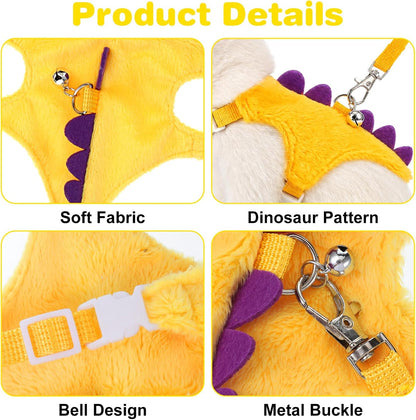 Ferret Harness and Leash Set, Yellow Adjustable Vest for Ferret | Dinosaur Shaped Leash with Safe Bell, Small Animals Vest Harness for Hedgehog, Guinea Pig, Rabbi