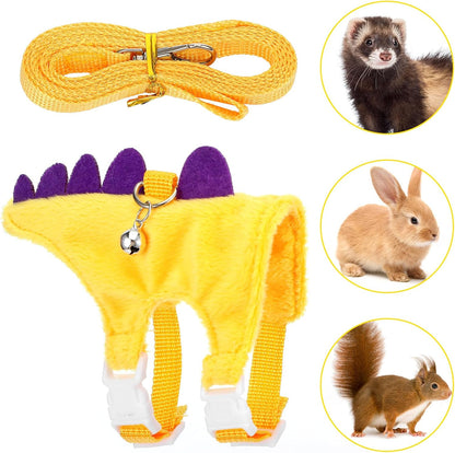 Ferret Harness and Leash Set, Yellow Adjustable Vest for Ferret | Dinosaur Shaped Leash with Safe Bell, Small Animals Vest Harness for Hedgehog, Guinea Pig, Rabbi