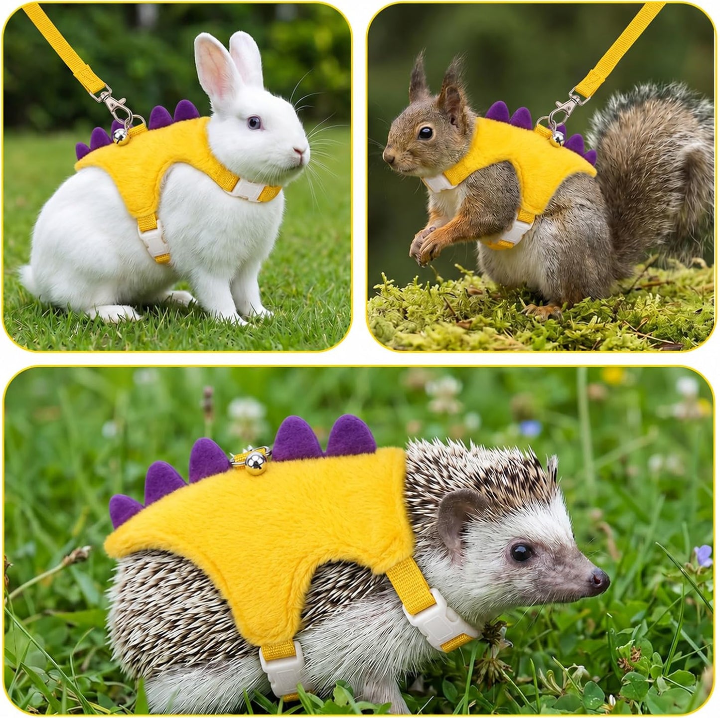 Ferret Harness and Leash Set, Yellow Adjustable Vest for Ferret | Dinosaur Shaped Leash with Safe Bell, Small Animals Vest Harness for Hedgehog, Guinea Pig, Rabbi
