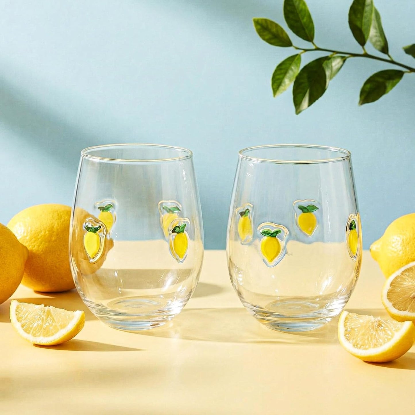 2 Pcs Lemon Cup Icon Juice Glasses Aesthetic Cups 18 oz Stemless Drinking Cocktail Coffee Mugs for Party Supplies Gifts