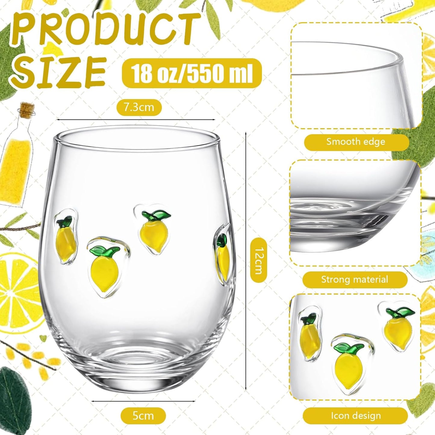 2 Pcs Lemon Cup Icon Juice Glasses Aesthetic Cups 18 oz Stemless Drinking Cocktail Coffee Mugs for Party Supplies Gifts