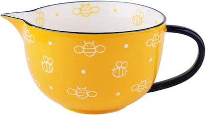 Cute Bee Pattern Kitchen Ceramic Mixing Bowl, 1 Quart Large Bowl, with Pouring Spout and Handle