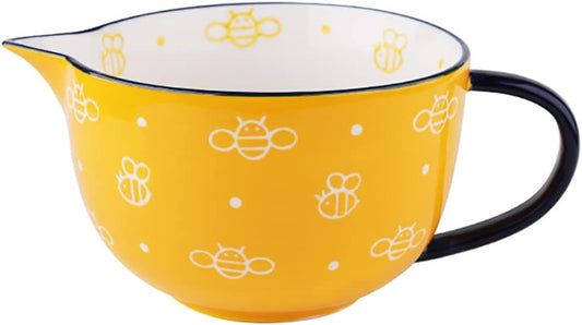 Cute Bee Pattern Kitchen Ceramic Mixing Bowl, 1 Quart Large Bowl, with Pouring Spout and Handle