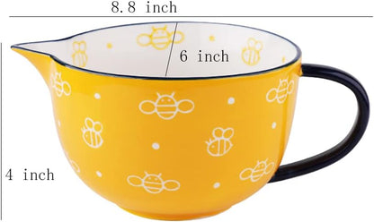 Cute Bee Pattern Kitchen Ceramic Mixing Bowl, 1 Quart Large Bowl, with Pouring Spout and Handle