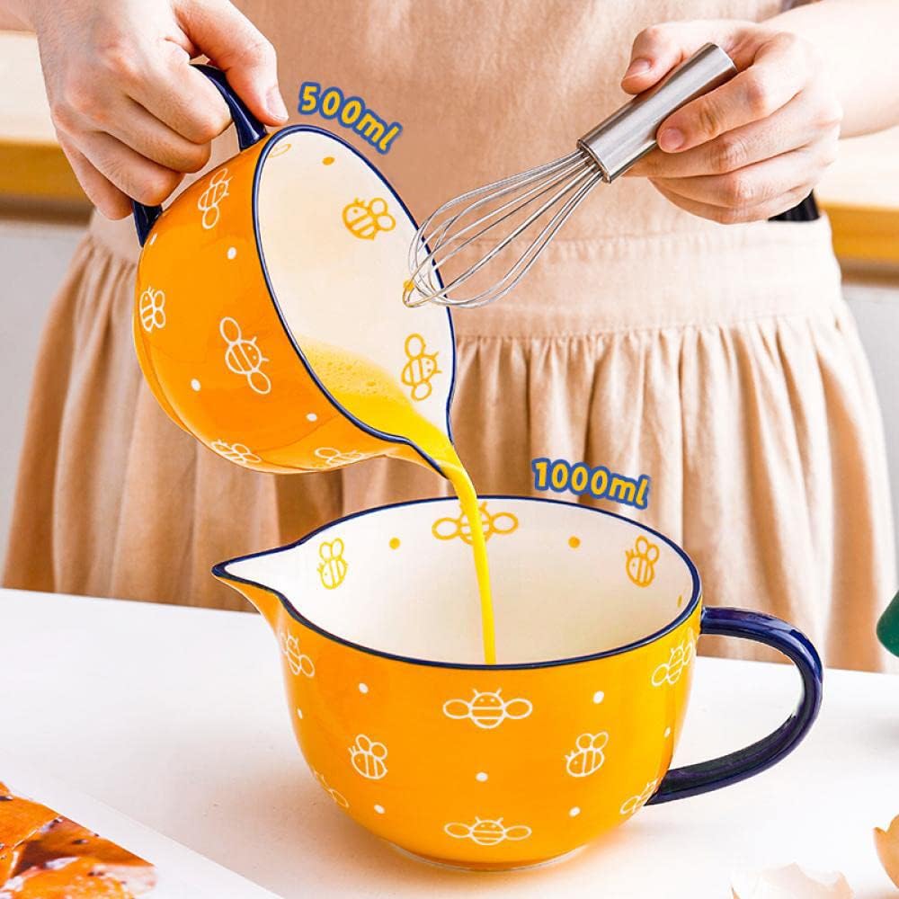 Cute Bee Pattern Kitchen Ceramic Mixing Bowl, 1 Quart Large Bowl, with Pouring Spout and Handle