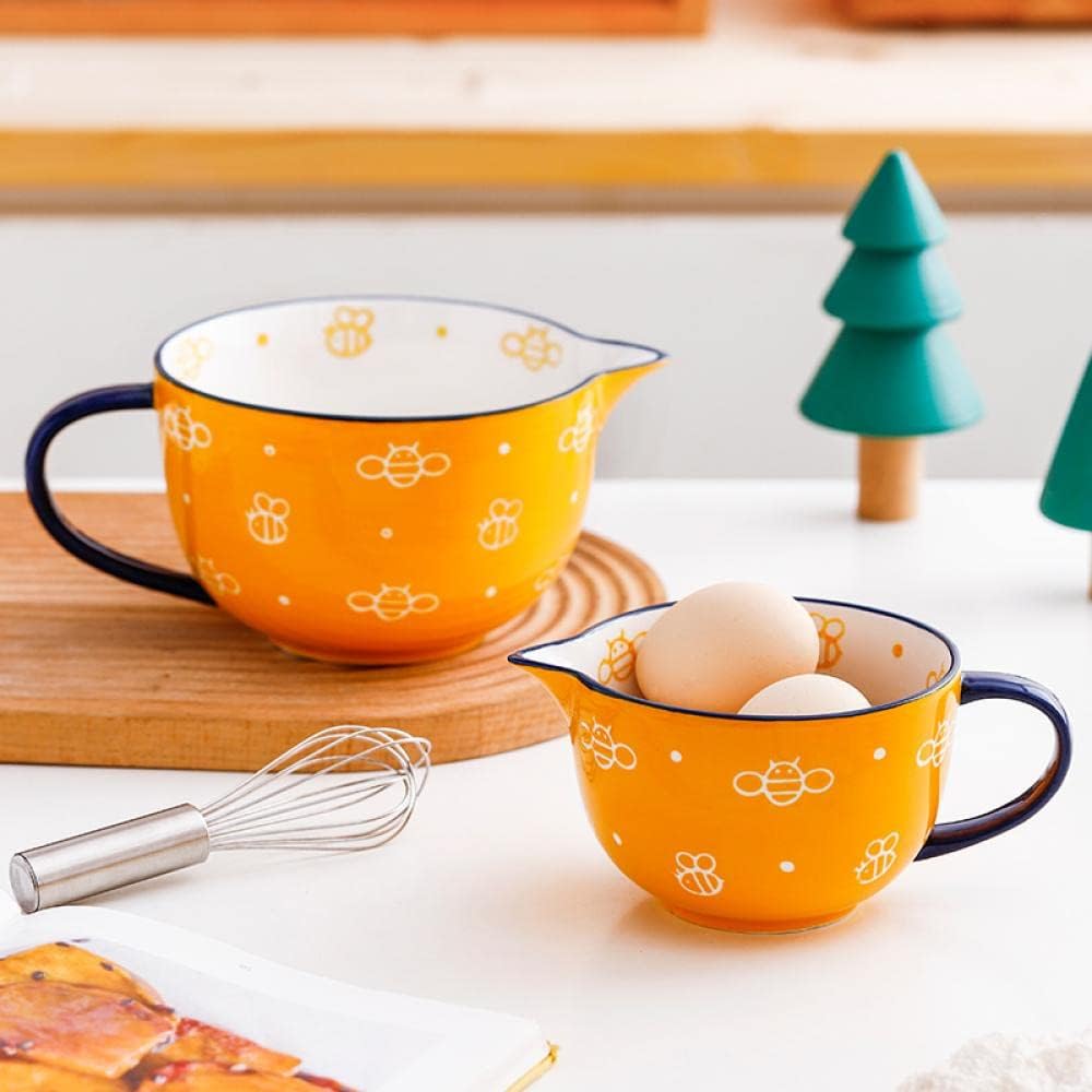 Cute Bee Pattern Kitchen Ceramic Mixing Bowl, 1 Quart Large Bowl, with Pouring Spout and Handle