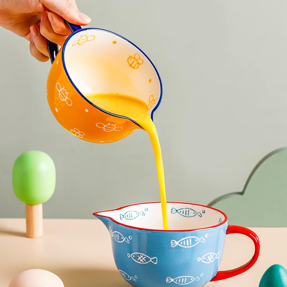 Cute Bee Pattern Kitchen Ceramic Mixing Bowl, 1 Quart Large Bowl, with Pouring Spout and Handle