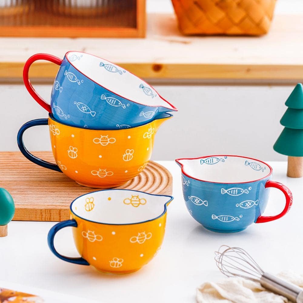 Cute Bee Pattern Kitchen Ceramic Mixing Bowl, 1 Quart Large Bowl, with Pouring Spout and Handle