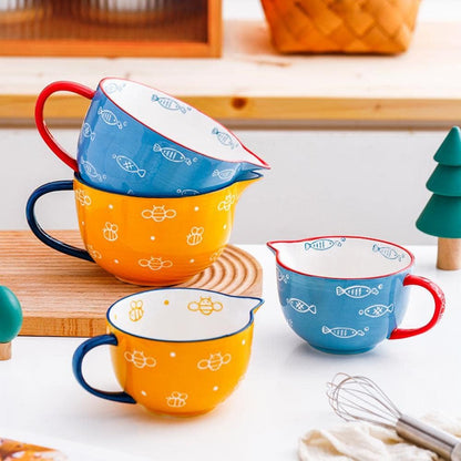 Cute Bee Pattern Kitchen Ceramic Mixing Bowl, 1 Quart Large Bowl, with Pouring Spout and Handle