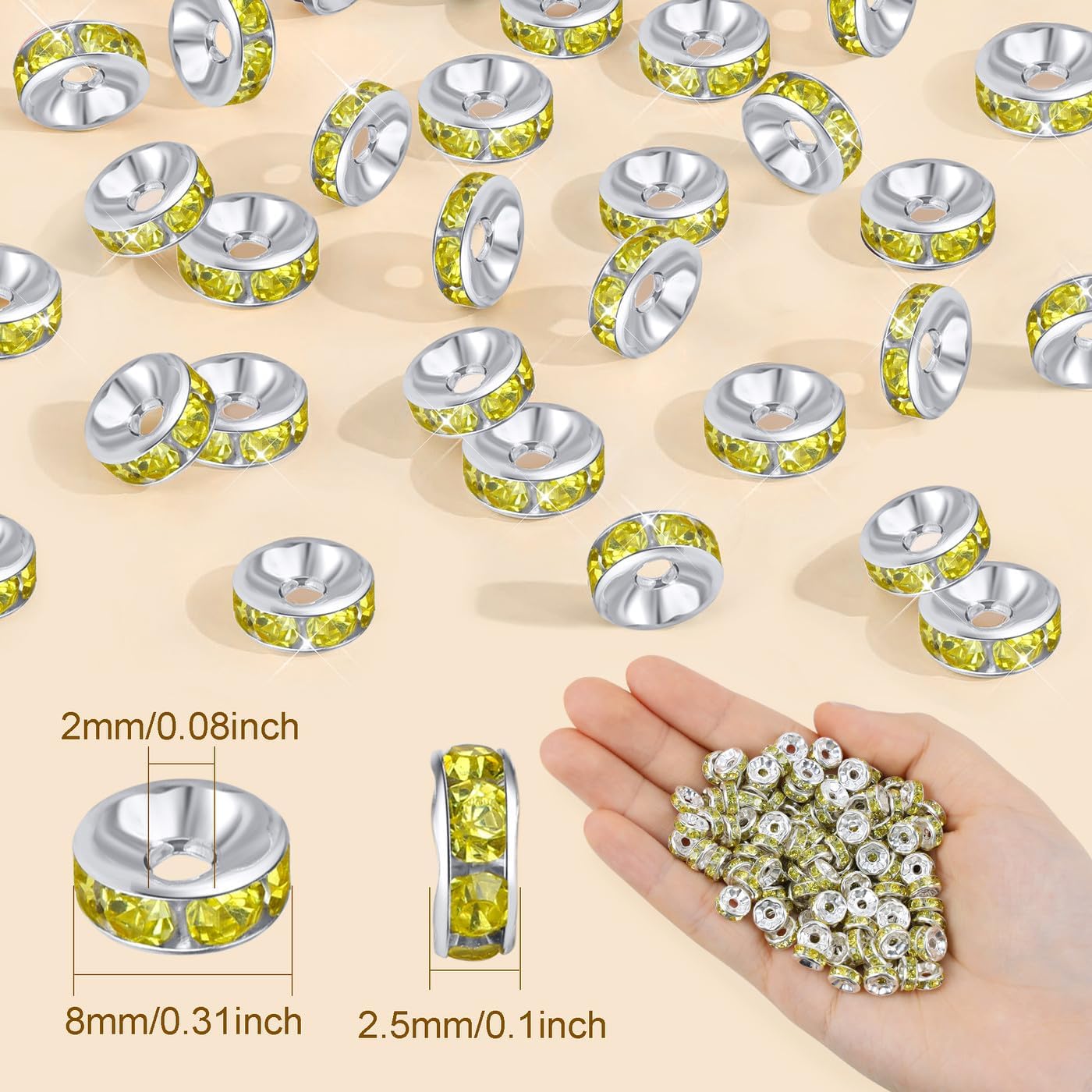 ZHIYUXI 200PCS Yellow Spacer Beads for Jewelry Making | 8mm Crystal Rhinestone Yellow Rondelle Spacers Beads for Bracelets Making