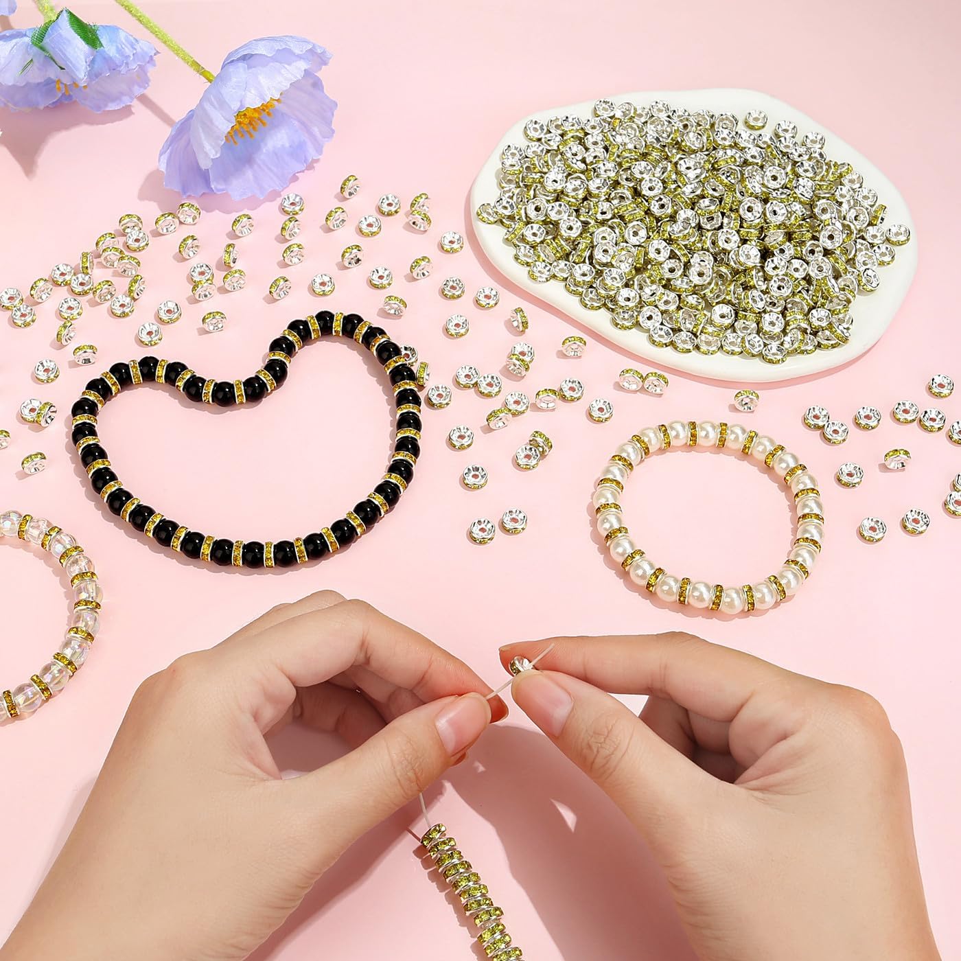 ZHIYUXI 200PCS Yellow Spacer Beads for Jewelry Making | 8mm Crystal Rhinestone Yellow Rondelle Spacers Beads for Bracelets Making